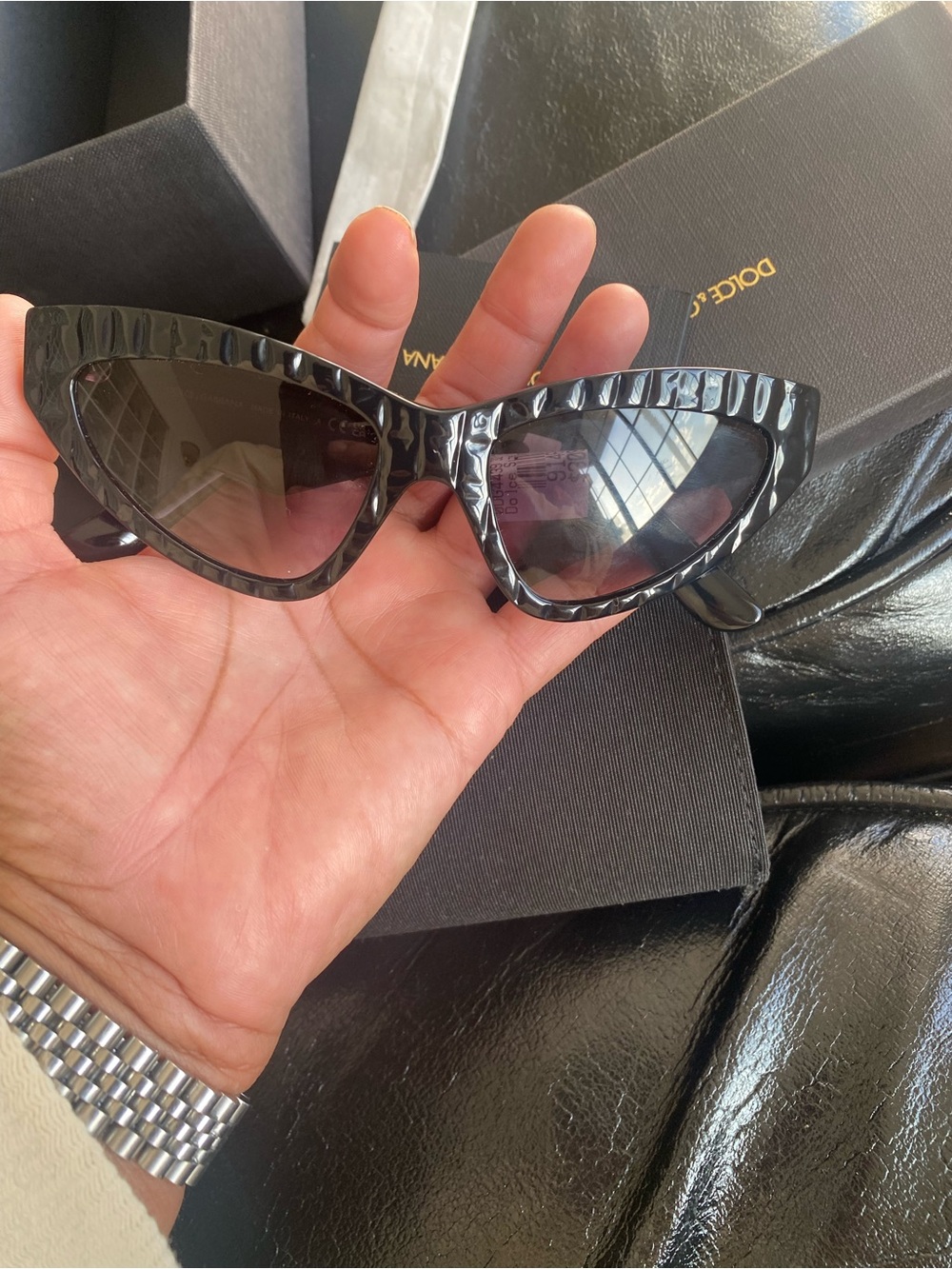 Dolce & Gabbana Black Textured Pyramid-Detail Sunglasses with Gold DG Accent